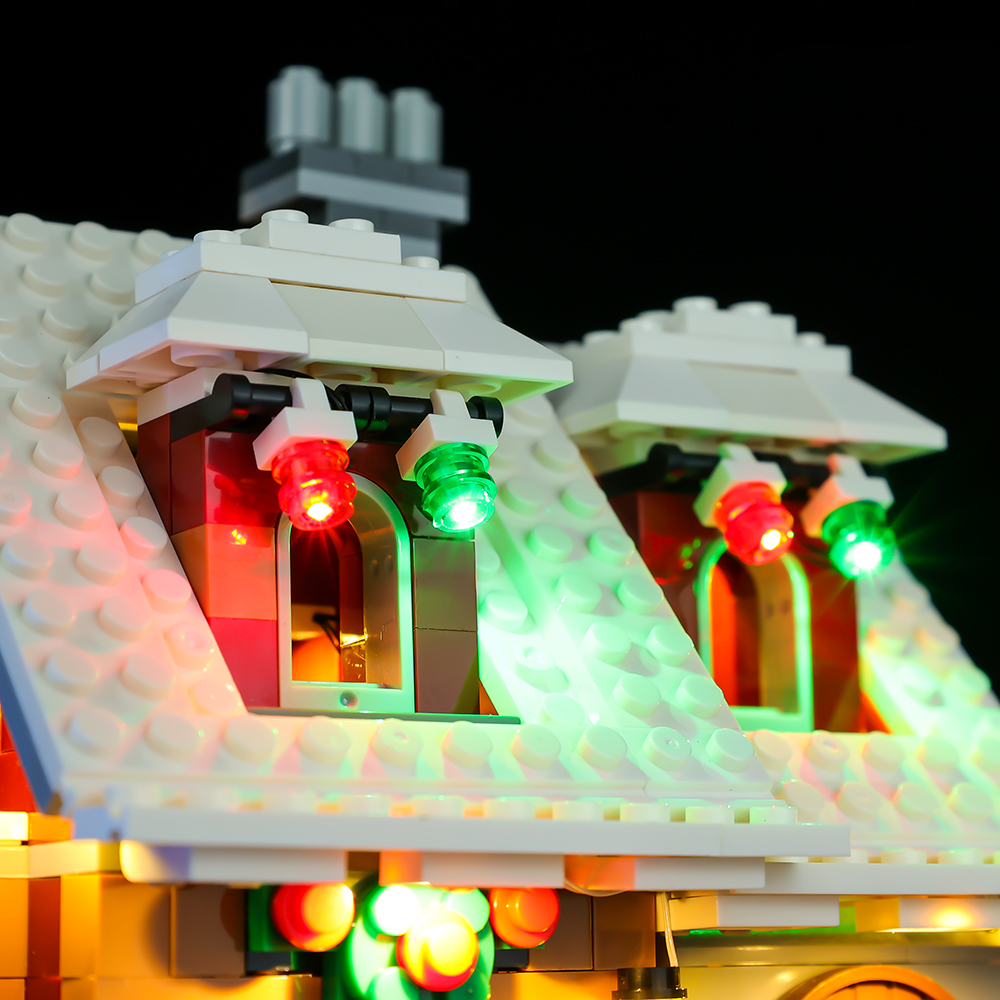 Close-up of the red and green roof lights on LEGO® Winter Village Bakery 10216