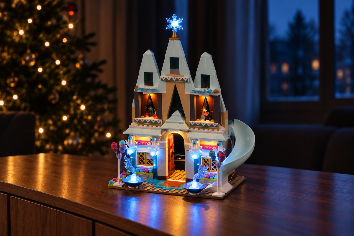 LEGO® Arendelle Castle Celebration 41068 with the Game of Bricks Classic lights in a festive room