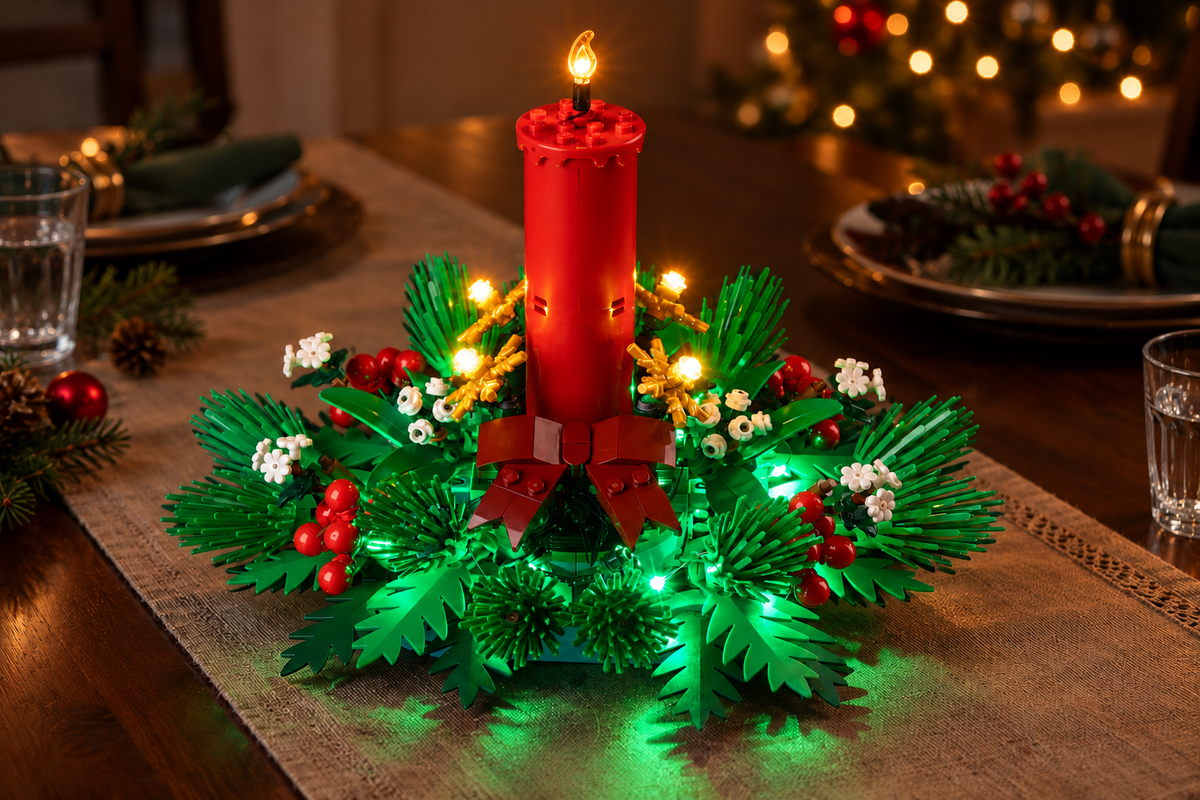LEGO® Christmas Table Decoration 40743 with its real Game of Bricks lights on a softly dim Christmas table, without people.