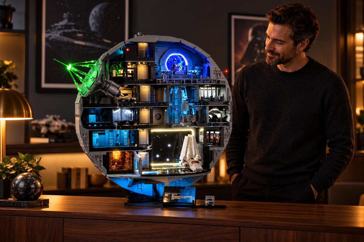 A fictional collector beside the illuminated Death Star in a warm evening interior