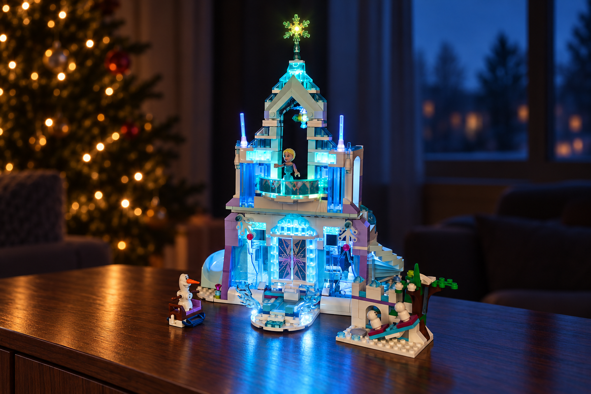 LEGO® Elsa’s Magical Ice Palace 43172 with the light kit switched on in a winter room