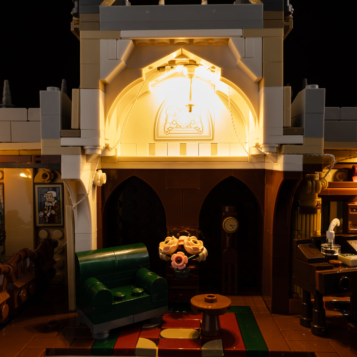 Illuminated arch and crest over the main hall with green seating