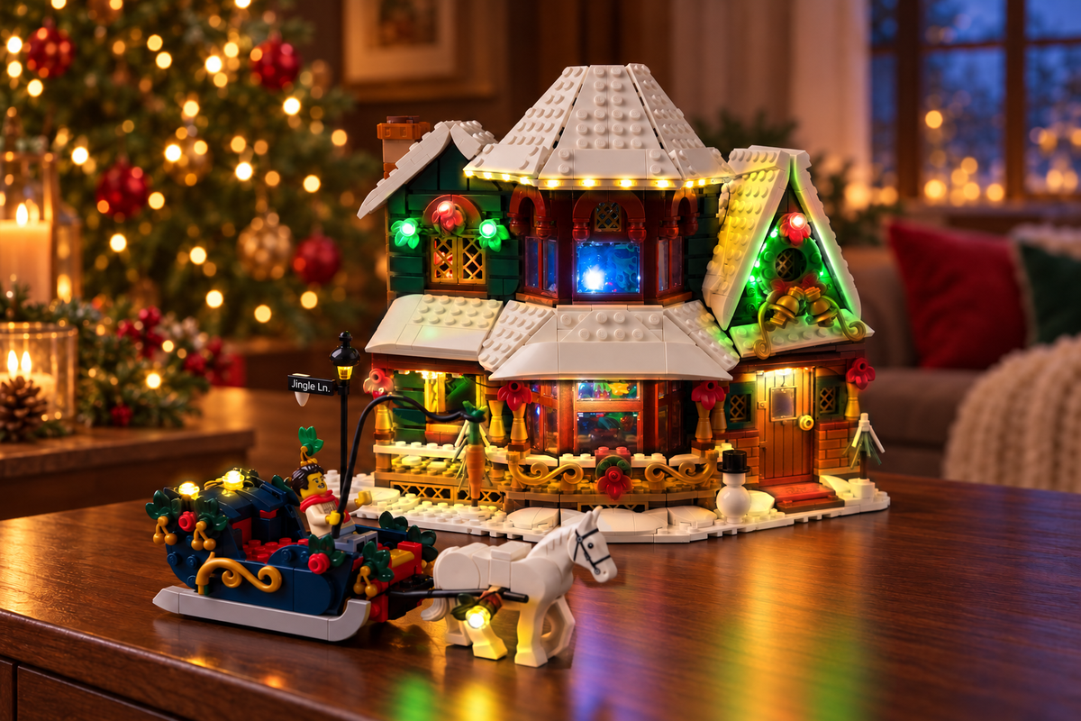 LEGO® Holiday House 11387 with the Game of Bricks light kit in a warm Christmas room, with identical framing as the kit lights switch on and off.