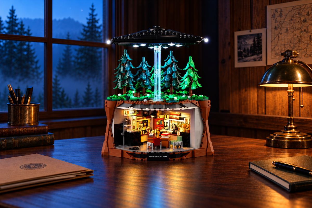 LEGO The X-Files 21369 with the Game of Bricks light kit in a mysterious woodland-inspired study, with identical framing as the kit lights switch on and off.