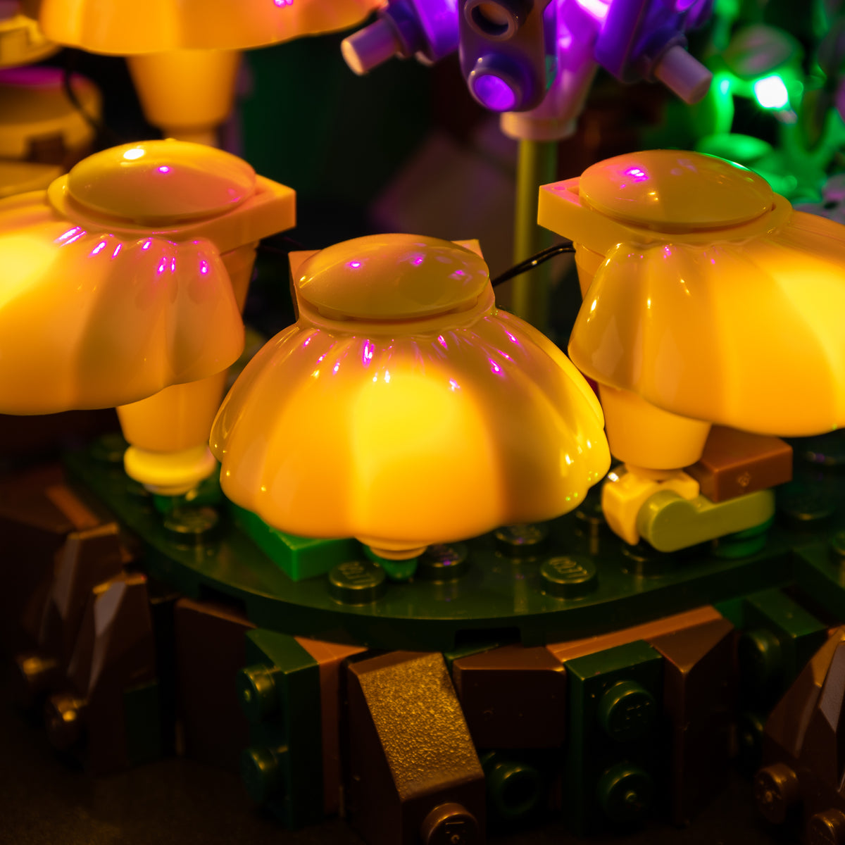 Warm amber light through the existing yellow mushroom pieces in the Woodland Mushrooms Classic kit.