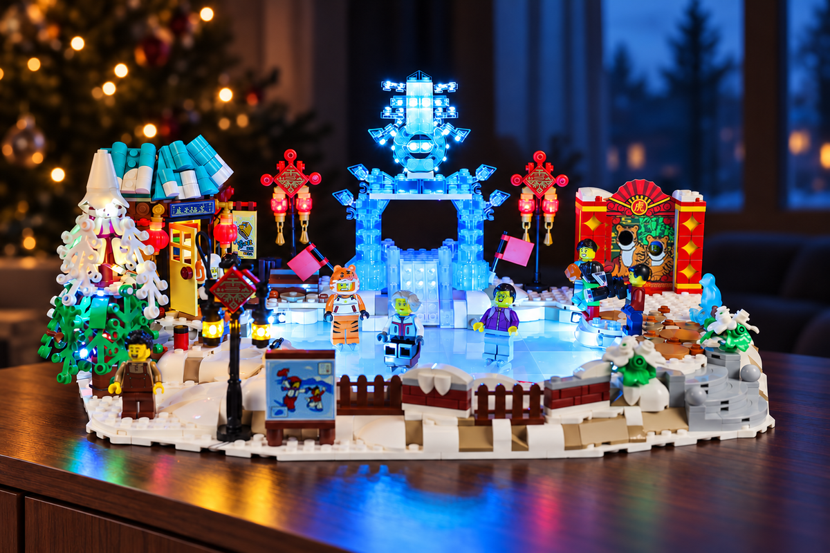 LEGO® Lunar New Year Ice Festival 80109 with Game of Bricks lights on in the festive room