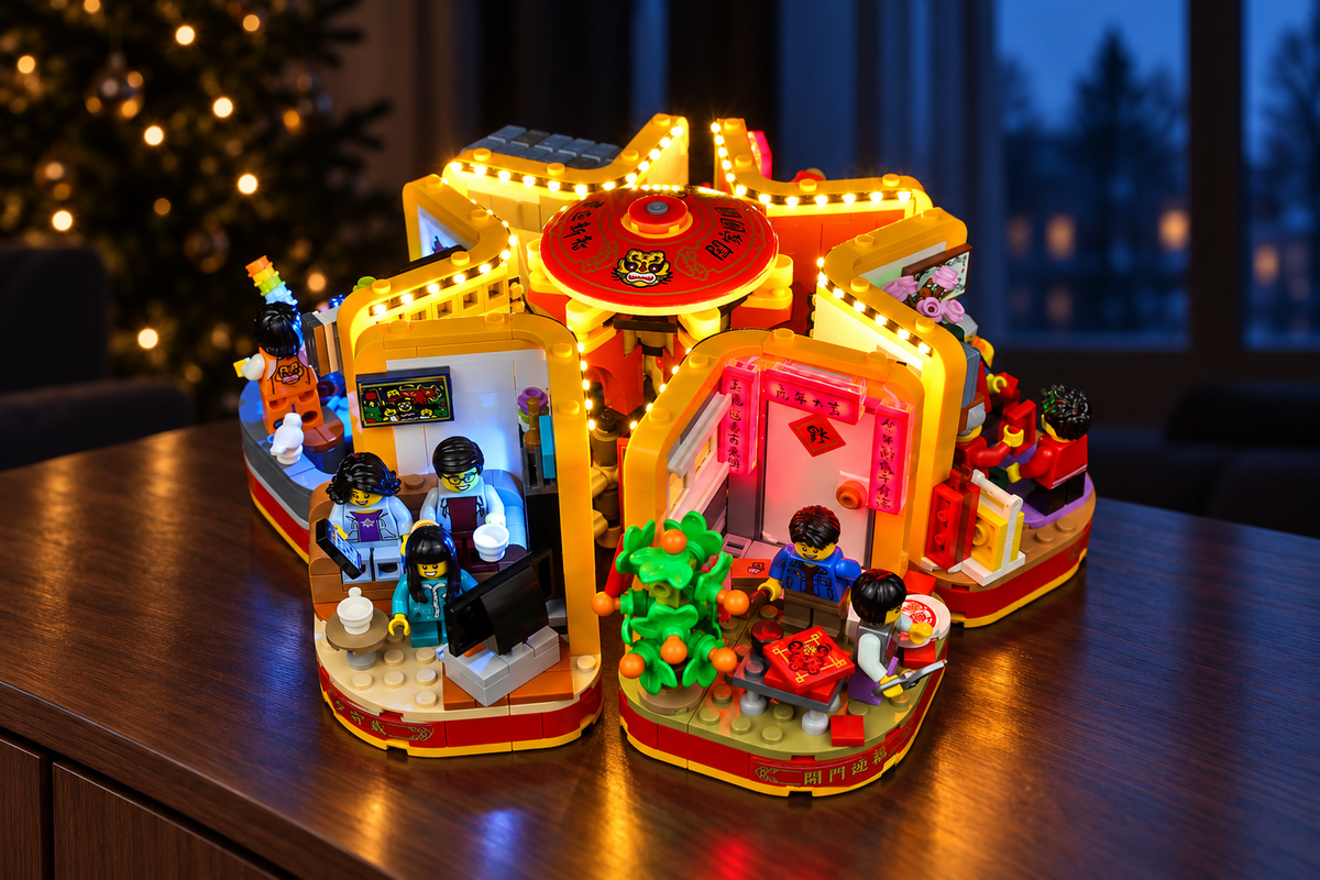 LEGO® Lunar New Year Traditions 80108 with Game of Bricks lights on in a festive room