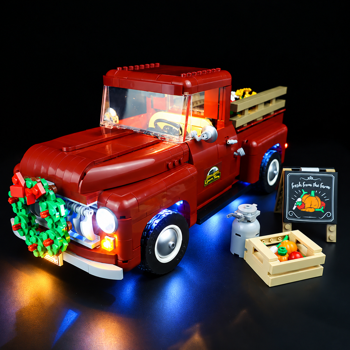 Remote lighting visualization using the same Classic source frame of LEGO Pickup Truck10290, front view. Shared lighting and model geometry preserved.