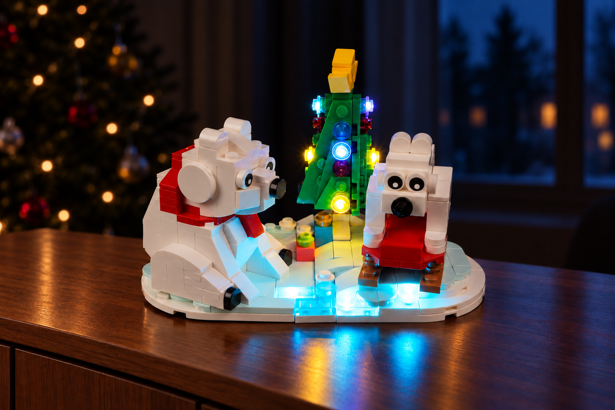 LEGO® Wintertime Polar Bears 40571 with the Game of Bricks Classic lights in a festive room