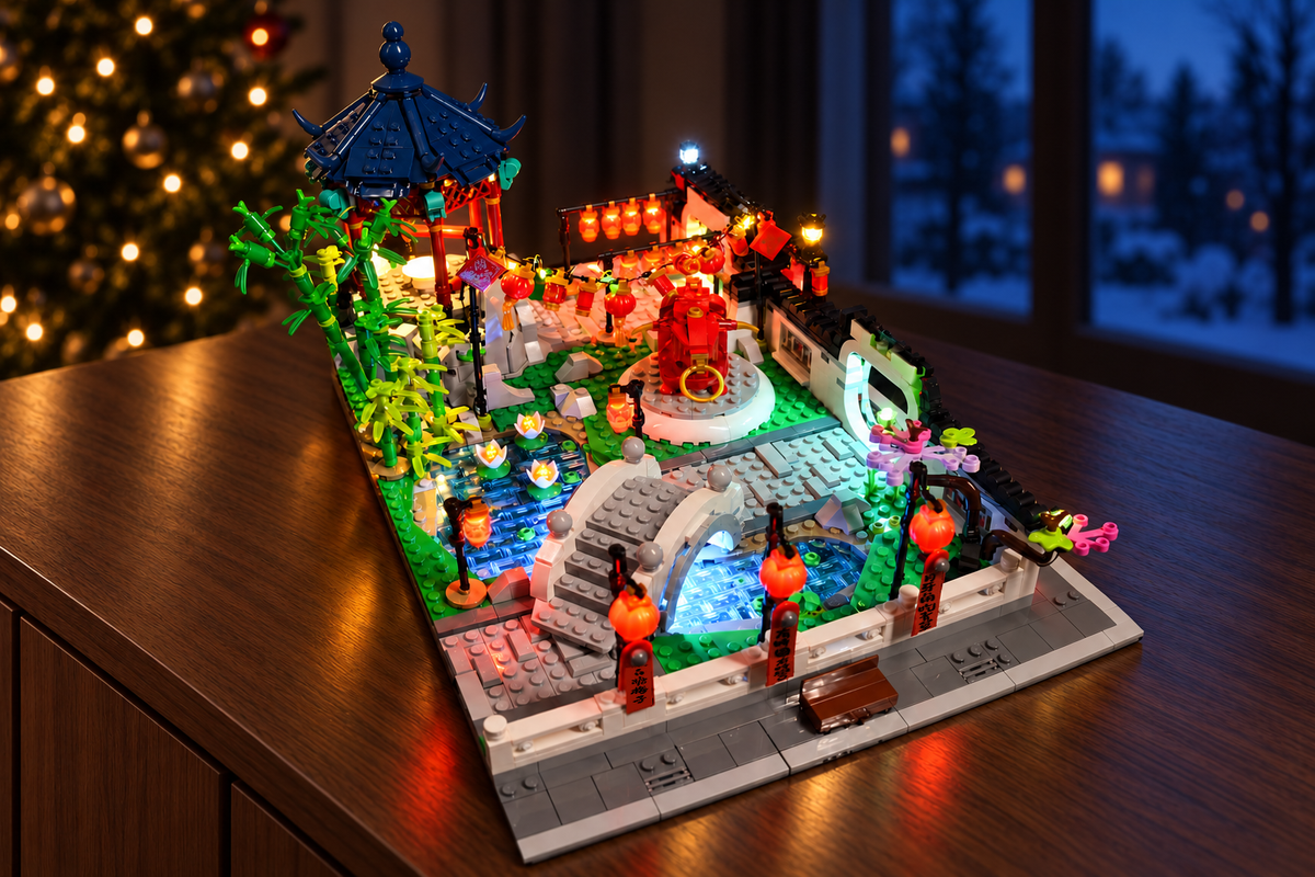 LEGO® Spring Lantern Festival 80107 with Game of Bricks lights on in a Christmas room