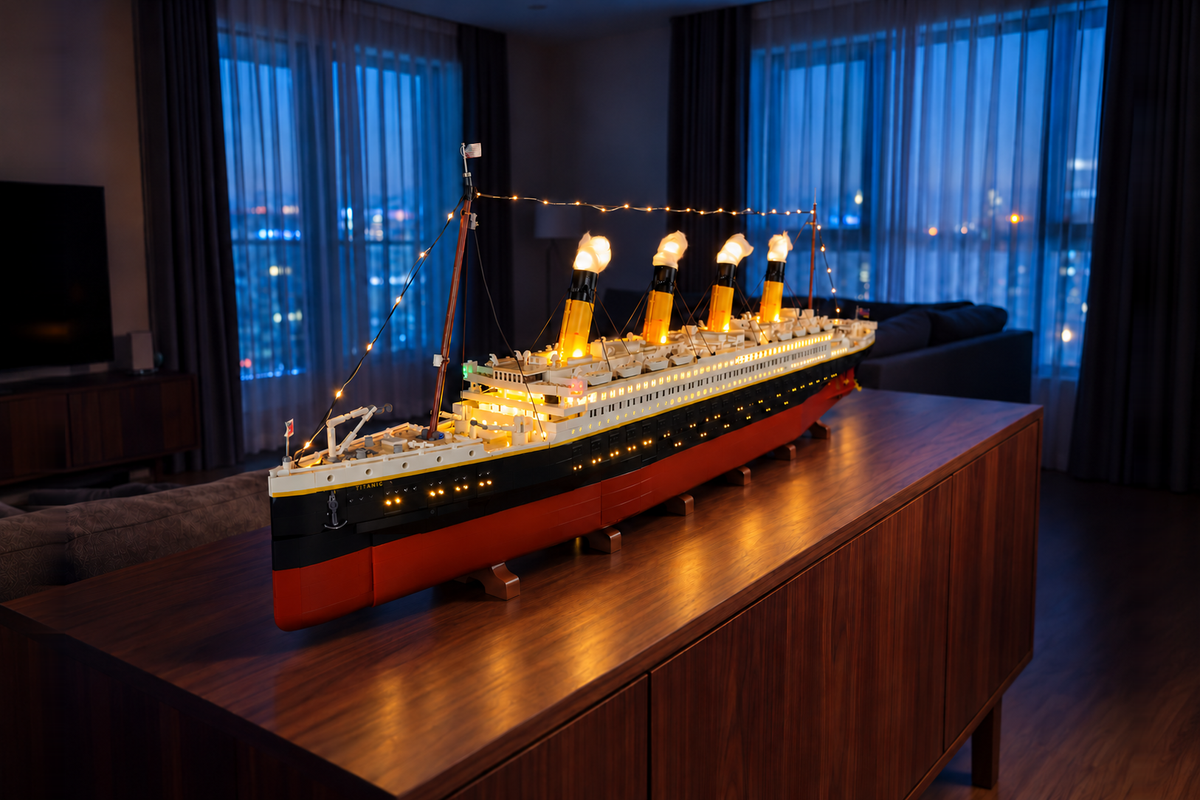 LEGO® Titanic 10294 with Game of Bricks lights on, including the central round portholes