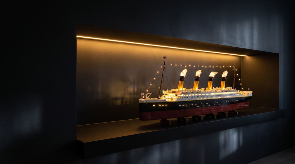 LEGO® Titanic 10294 lit with a Game of Bricks light kit, in a wall niche