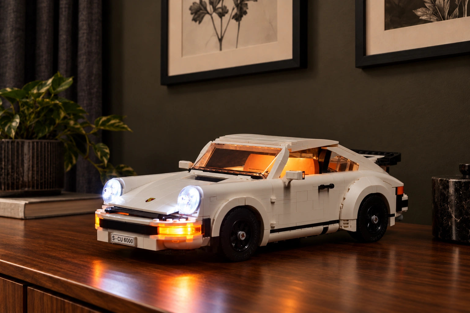 Light Kit for LEGO® Porsche 911 10295 — lights on in a home display