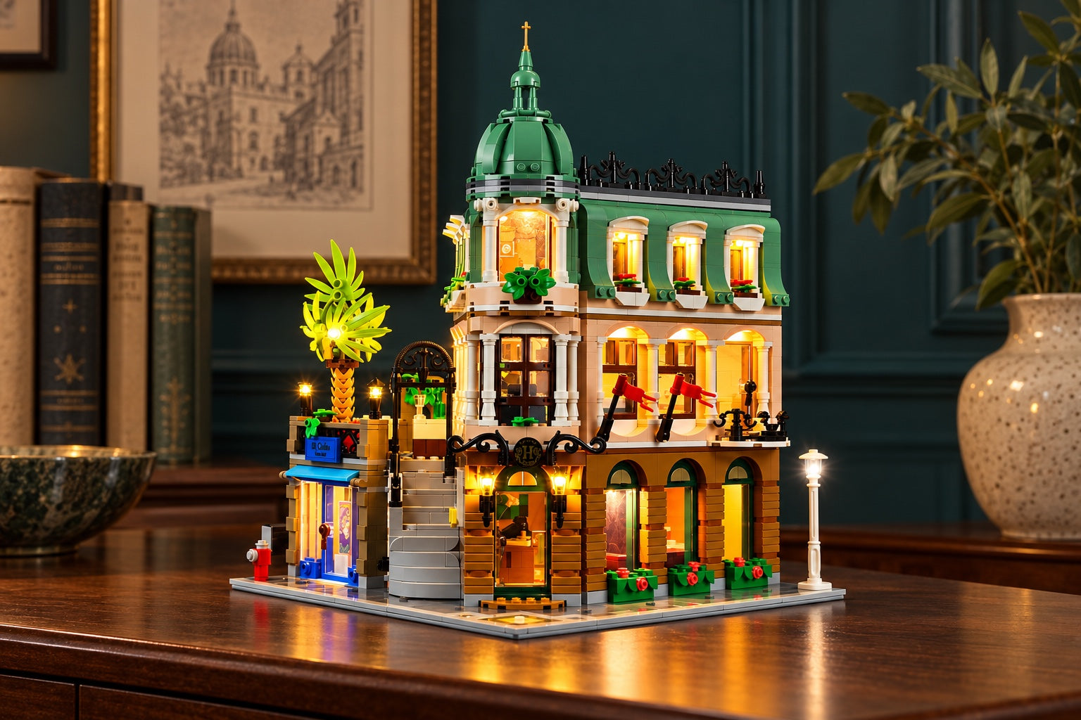 Light Kit for LEGO® Boutique Hotel 10297 — lights on in a home display