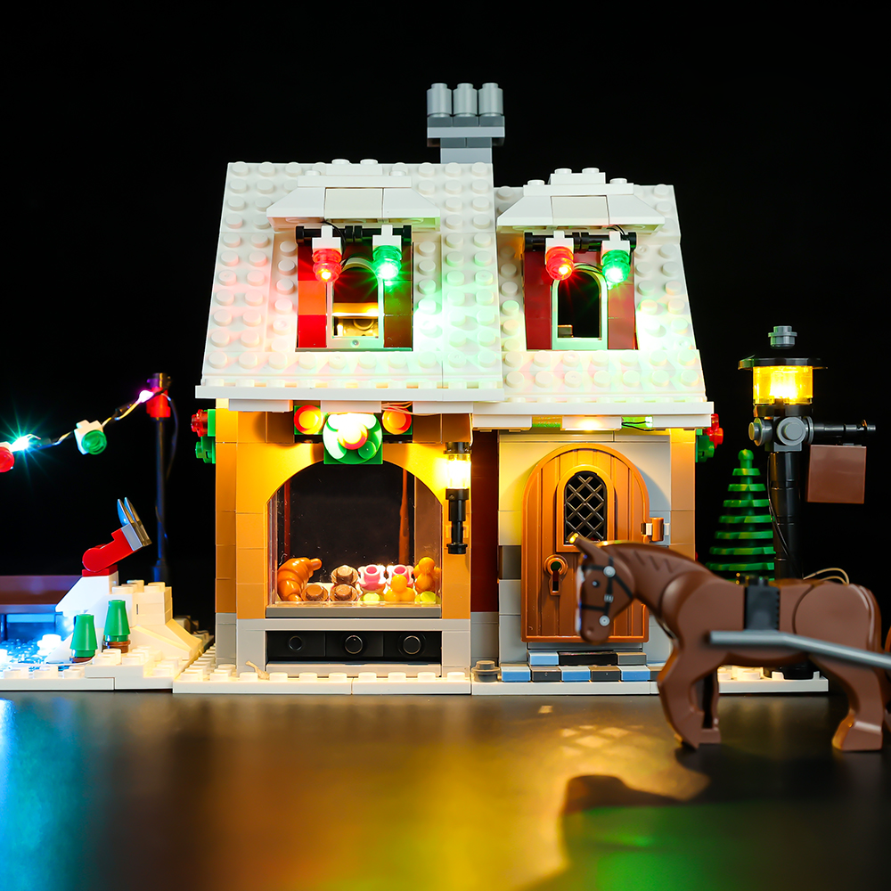 Light Kit for LEGO® Winter Village Bakery 10216 - front view of illuminated bakery