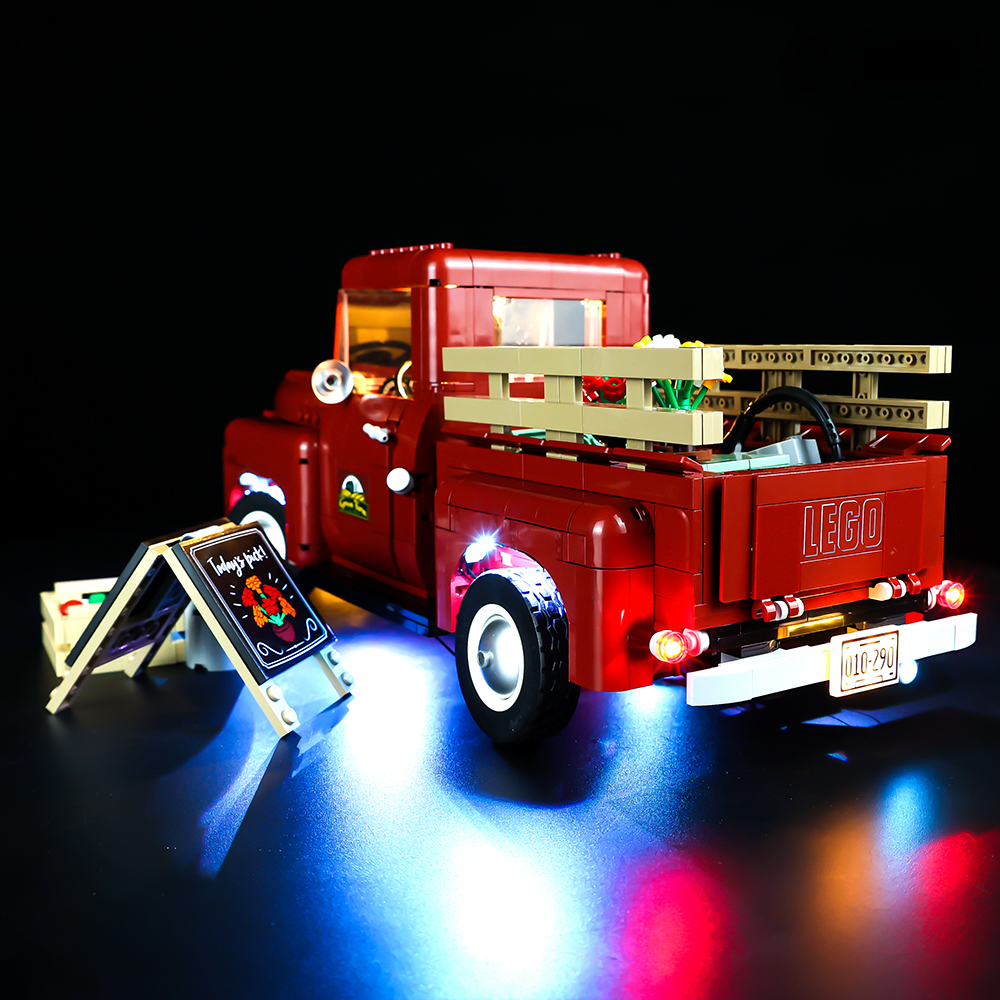 Light Kit for LEGO® Pickup Truck 10290 - rear three-quarter view of the illuminated pickup
