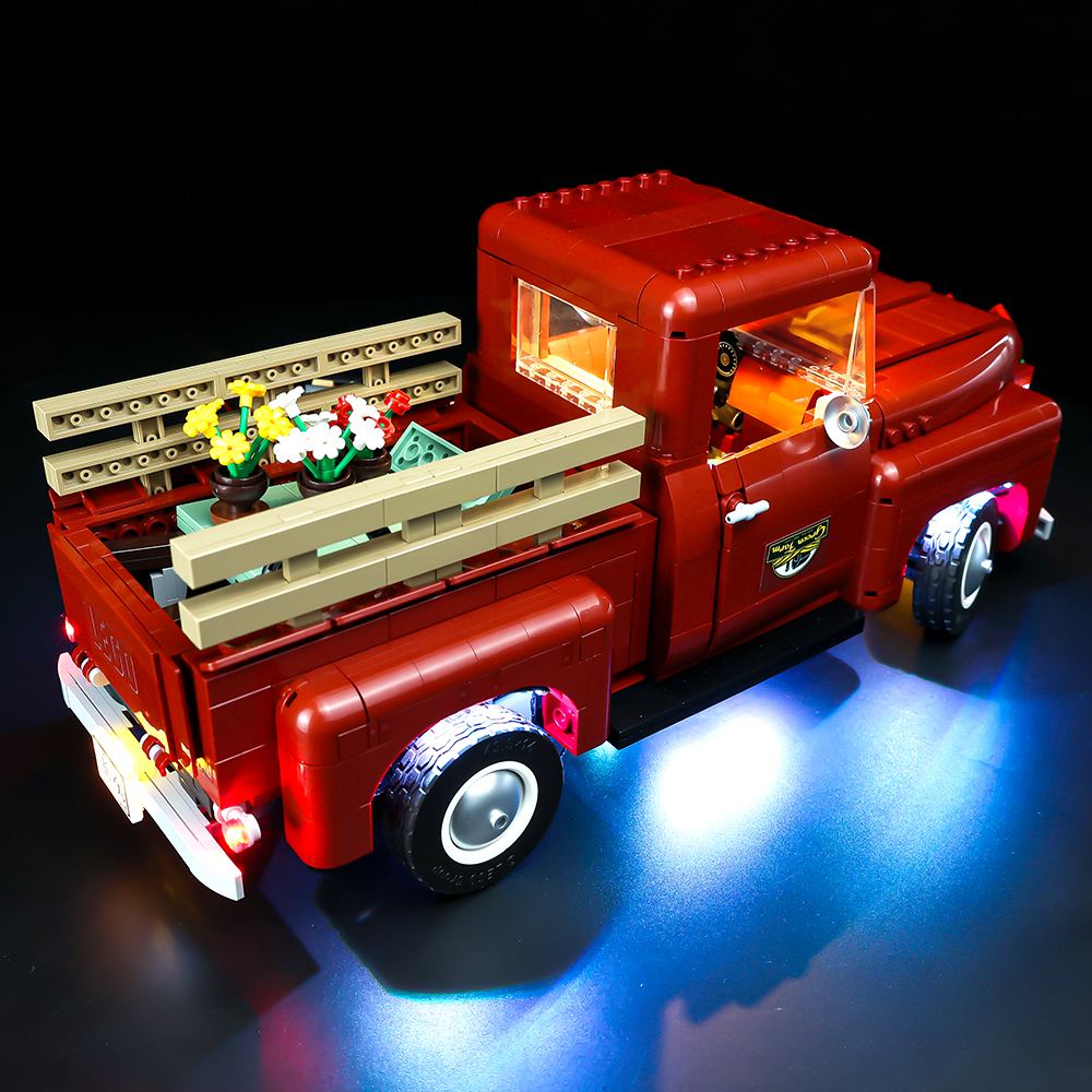 Light Kit for LEGO® Pickup Truck 10290 - rear three-quarter view with the lit cargo bed