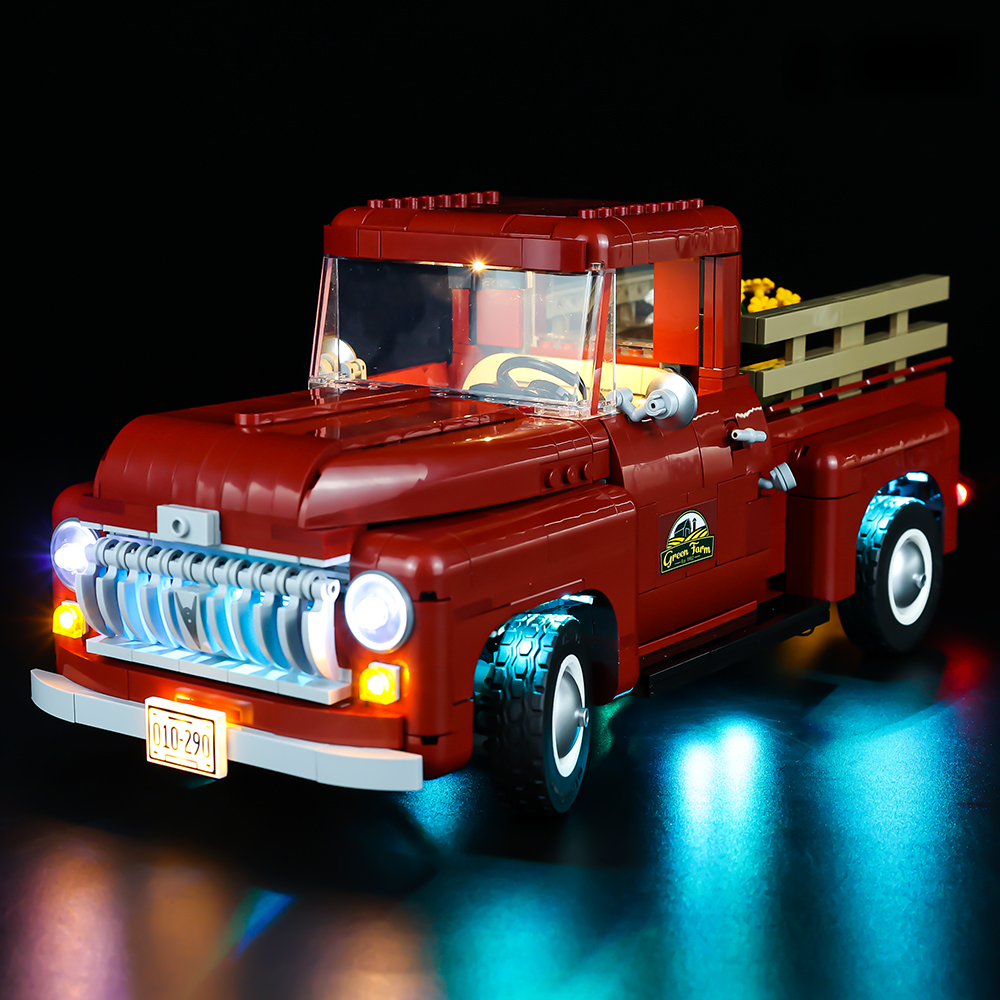 Light Kit for LEGO® Pickup Truck 10290 - front-quarter view of the illuminated pickup