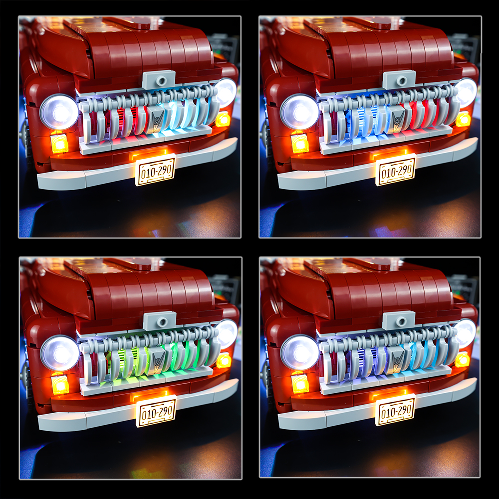 Light Kit for LEGO® Pickup Truck 10290 - four-view grille lighting comparison