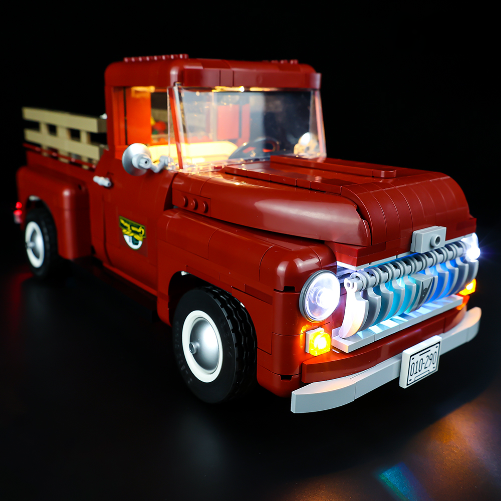 Light Kit for LEGO® Pickup Truck 10290 - front-quarter view with produce display