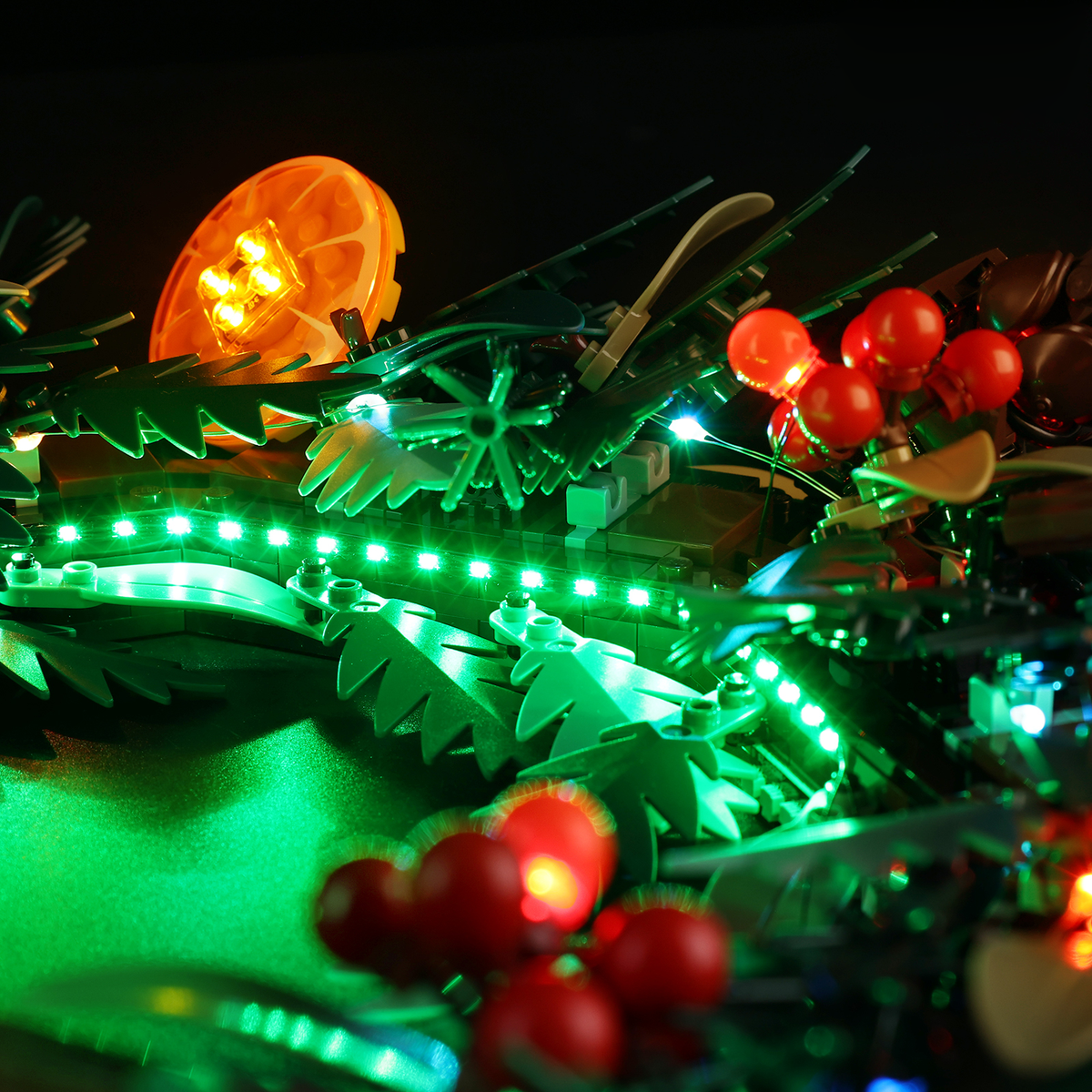 Light Kit for LEGO® Wreath 10340 - close view of green strip lights