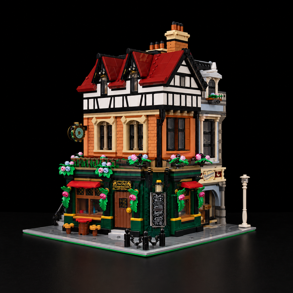 LEGO® Tudor Corner 10350 with Game of Bricks lighting switched off, matching the main product view on a black studio background.