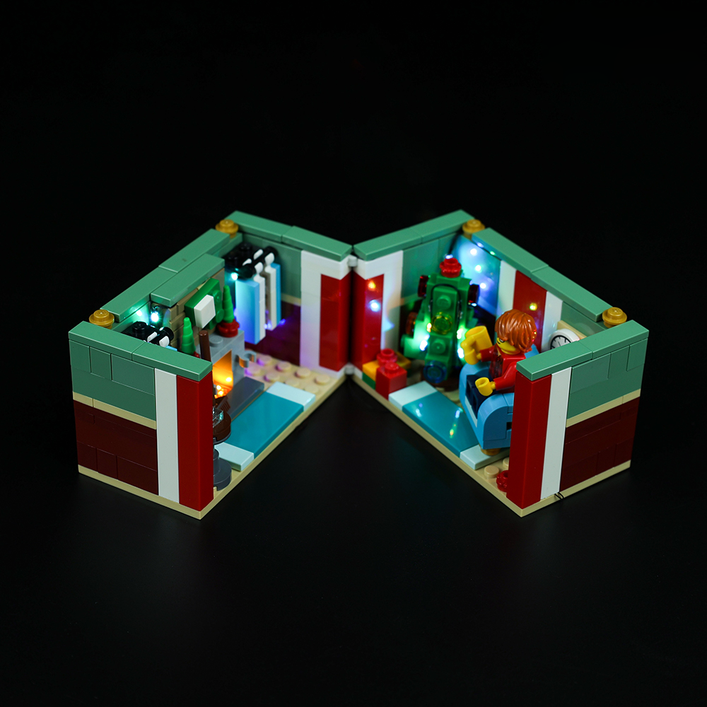 Light Kit for LEGO® Buildable Holiday Present 40292 - angled view of both illuminated rooms