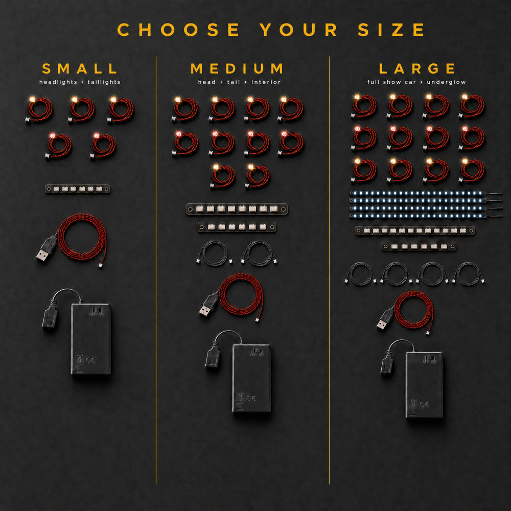 Custom Car Lighting Kit for LEGO® — Choose your size: Small, Medium and Large kit contents compared