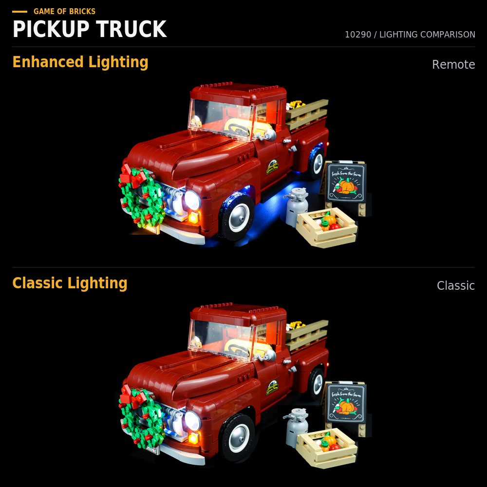 LEGO® Pickup Truck 10290 with Game of Bricks Lights: Enhanced Lighting for Remote above, Classic Lighting below.