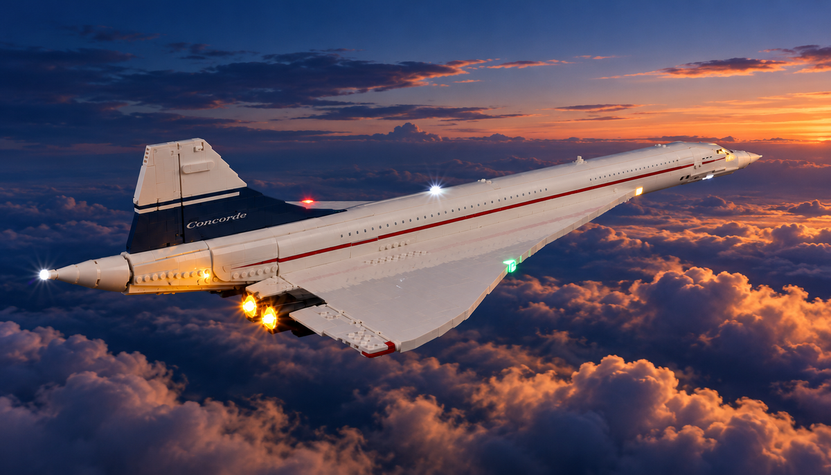 LEGO® Concorde 10318 with Game of Bricks lighting visualised in flight above sunset clouds.