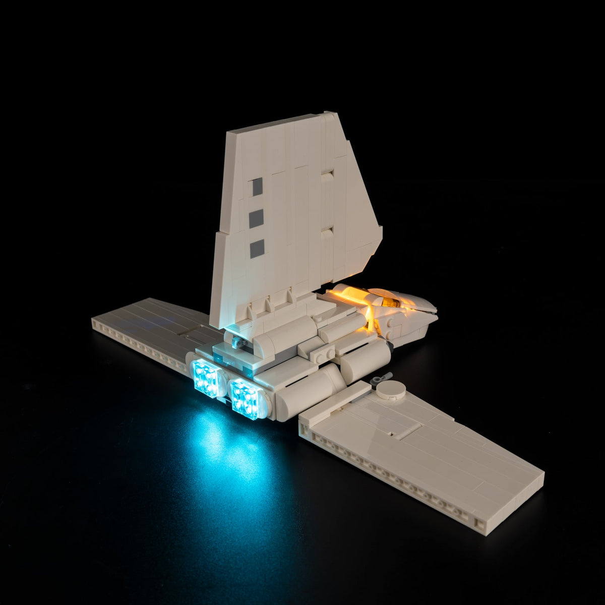 Imperial Shuttle with blue-lit engines and warm cockpit lighting