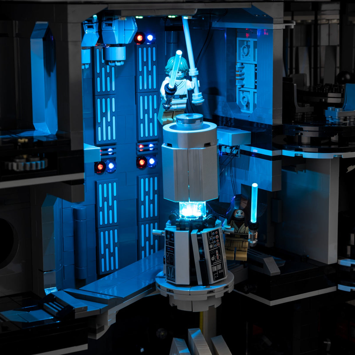 The tractor beam control platform and vertical shaft illuminated in blue
