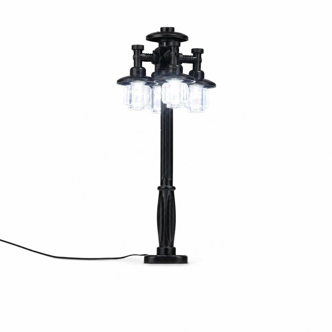 Black four lantern LED lamp post for LEGO