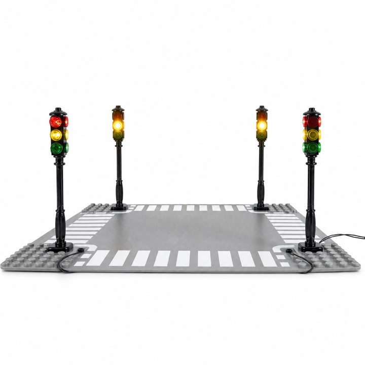 LEGO crosswalk with four traffic light posts