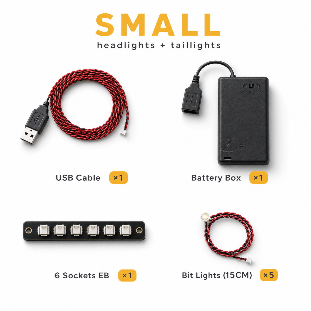 Small car lighting kit contents with quantities