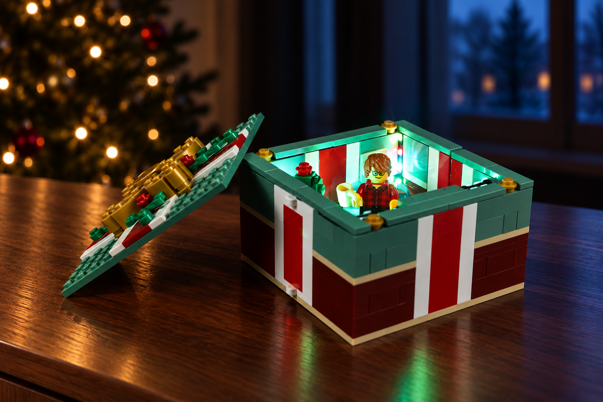 Light Kit for LEGO® Buildable Holiday Present 40292 with the light kit switched on in a Christmas room