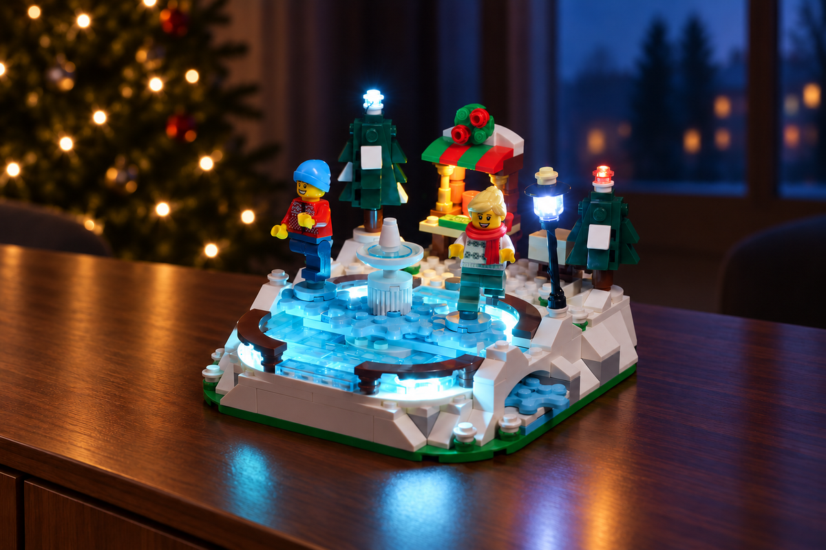 LEGO® Ice Skating Rink 40416 with Game of Bricks lights on in a Christmas room