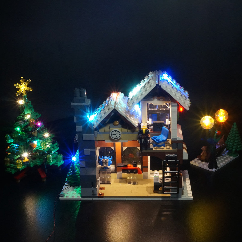 Light Kit for LEGO® Winter Toy Shop 10249 - front view of the toy shop and Christmas tree