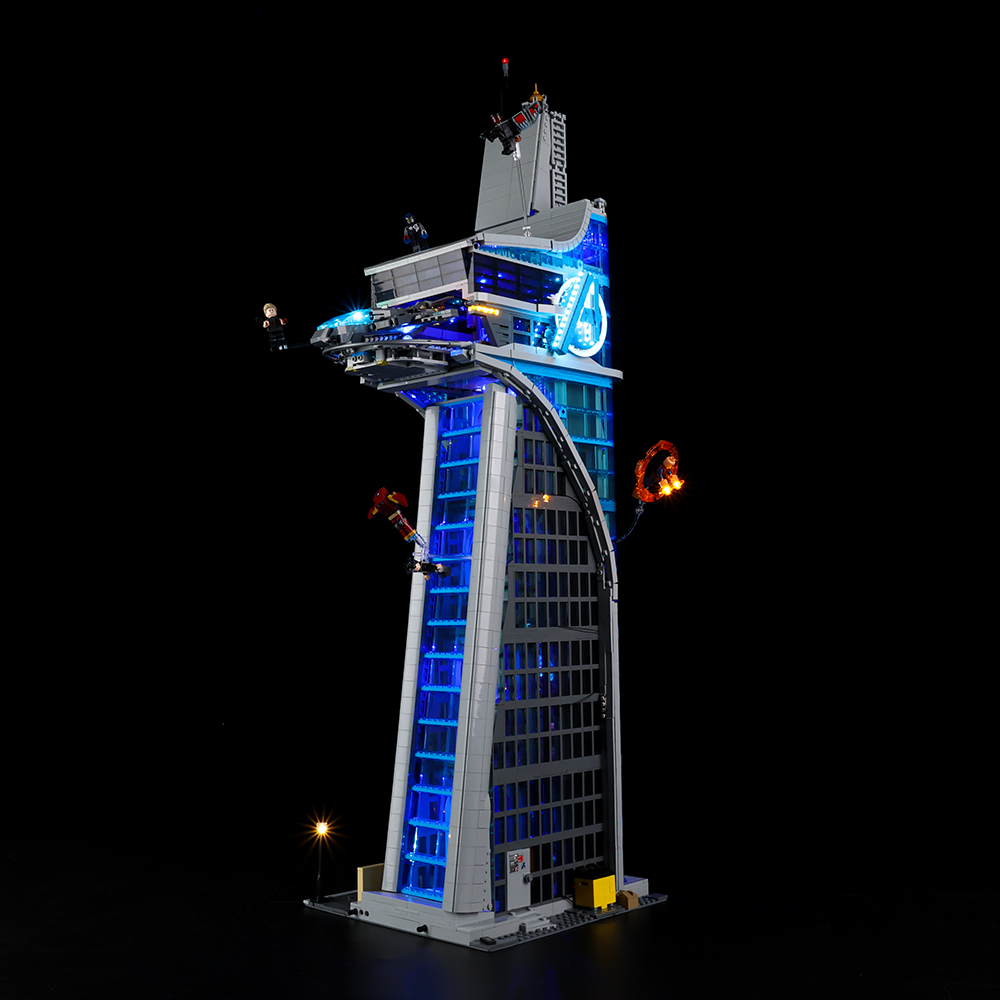 Light Kit for LEGO® Avengers Tower 76269 - elevated rear-quarter view of illuminated tower