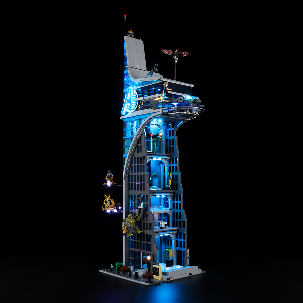 Light Kit for LEGO® Avengers Tower 76269 - angled front view with blue windows and warm streetlights