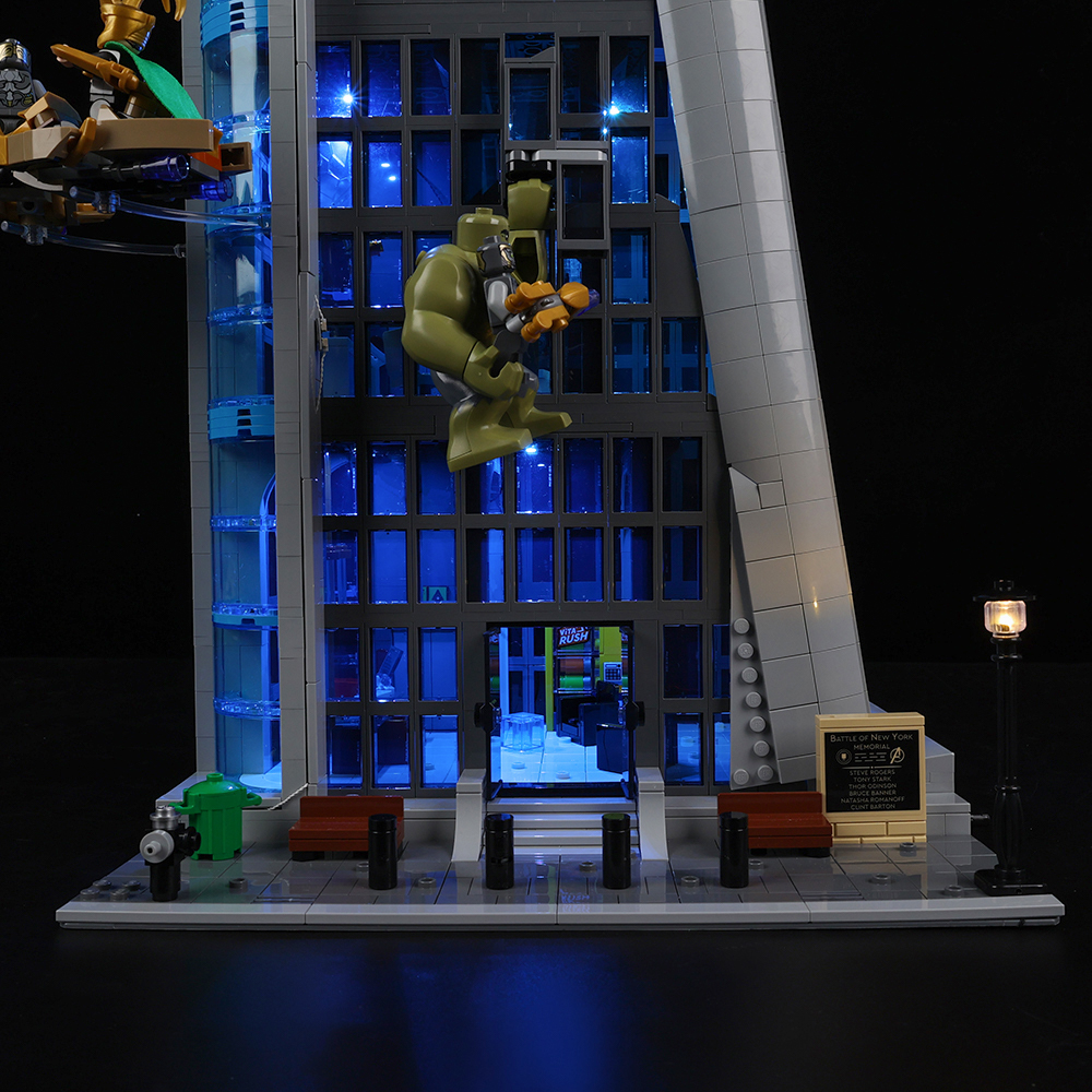 Light Kit for LEGO® Avengers Tower 76269 - entrance with warm streetlights and blue interior