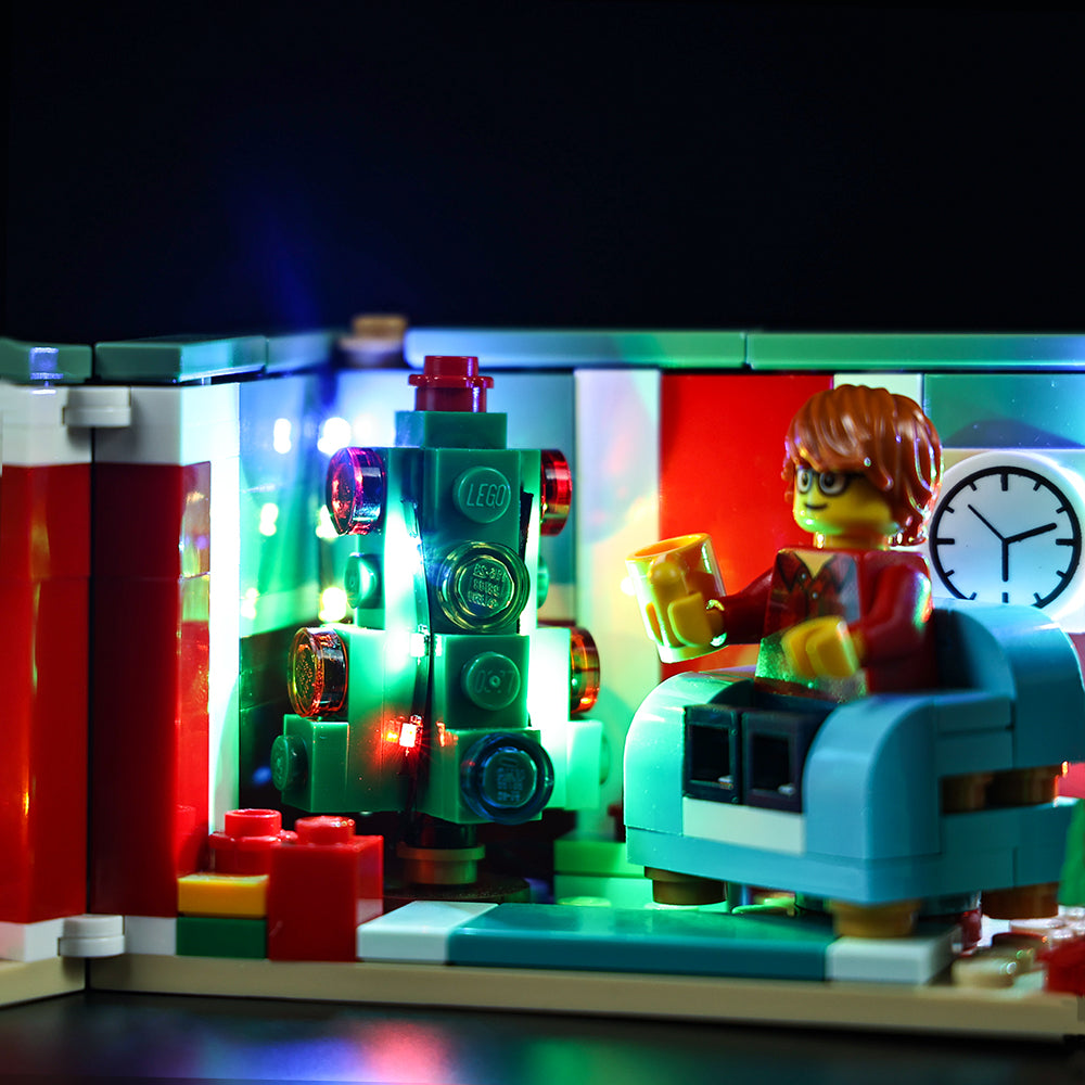 Light Kit for LEGO® Buildable Holiday Present 40292 - close-up of the lit tree beside the chair