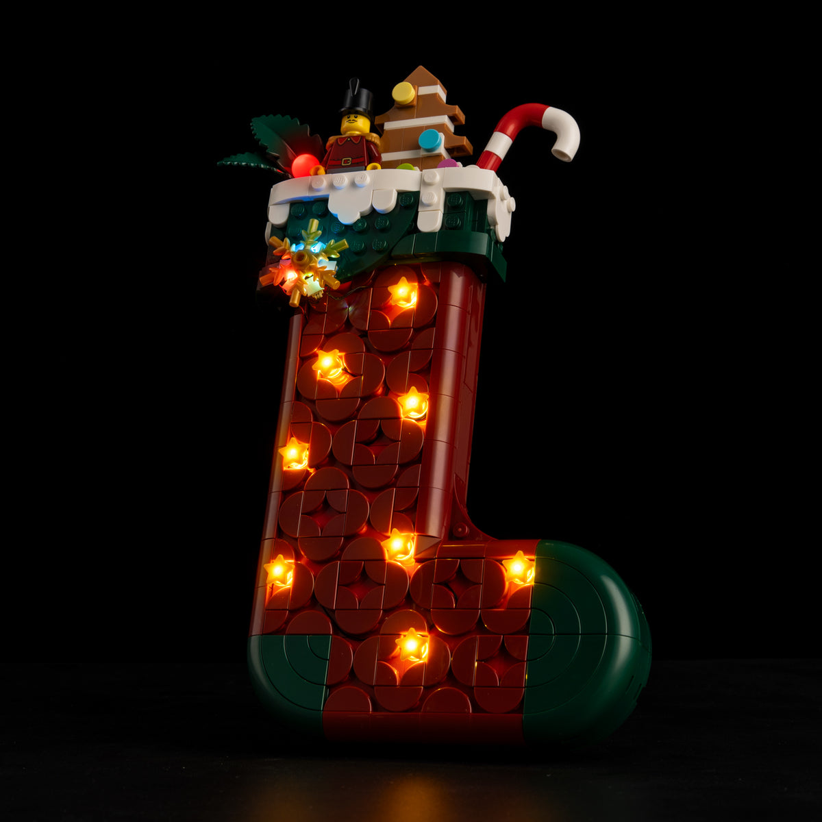 Real front view of the Game of Bricks light kit on LEGO® Christmas Stocking 40958.