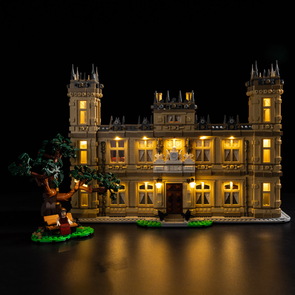 Downton Abbey the full façade, lights on