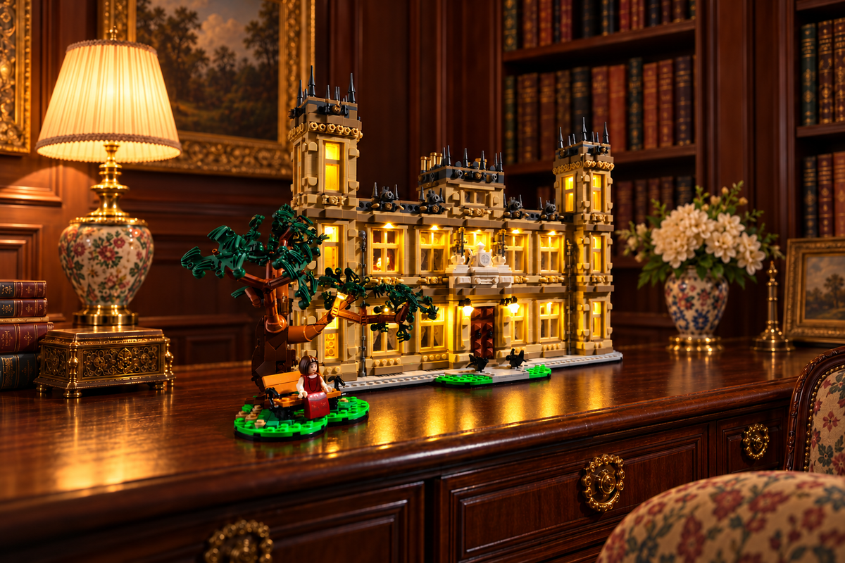 LEGO Downton Abbey 21373 displayed on a wooden sideboard in an Edwardian English interior, with the same scene and framing as the kit lights switch on and off