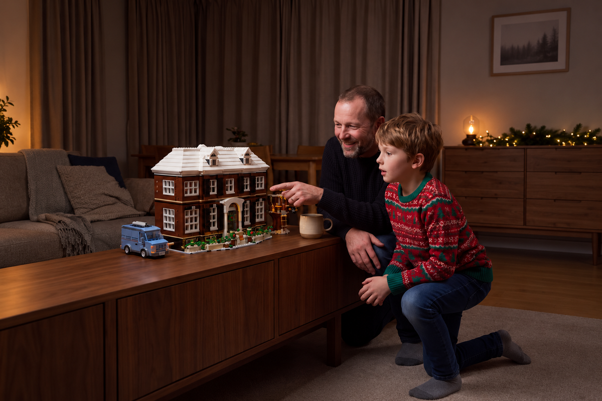 An adult and child enjoying the LEGO® Home Alone 21330 house together at Christmas.