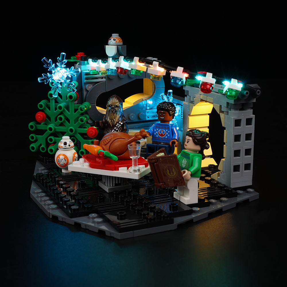 Light Kit for LEGO® Millennium Falcon Holiday Diorama 40658 - elevated view of illuminated diorama