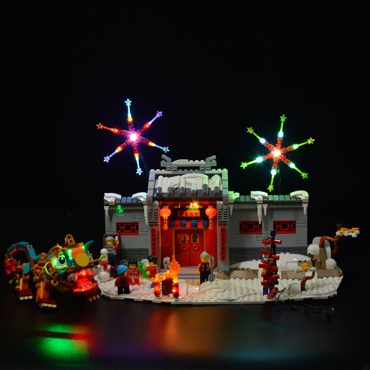 Original Classic photograph of the LEGO® Story of Nian 80106 courtyard with Game of Bricks lights on. Different camera angle from the Enhanced photograph.