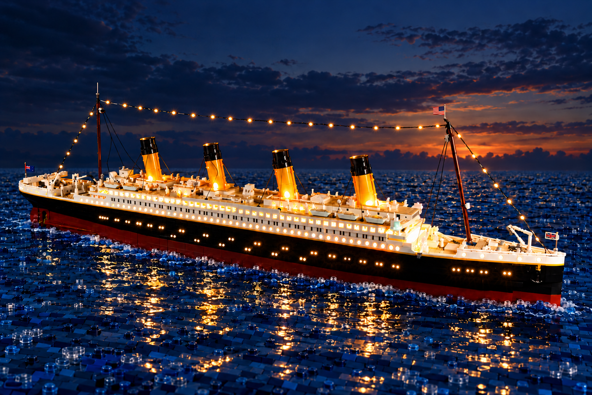 Illuminated LEGO® Titanic 10294 in a decorative LEGO ocean at twilight.