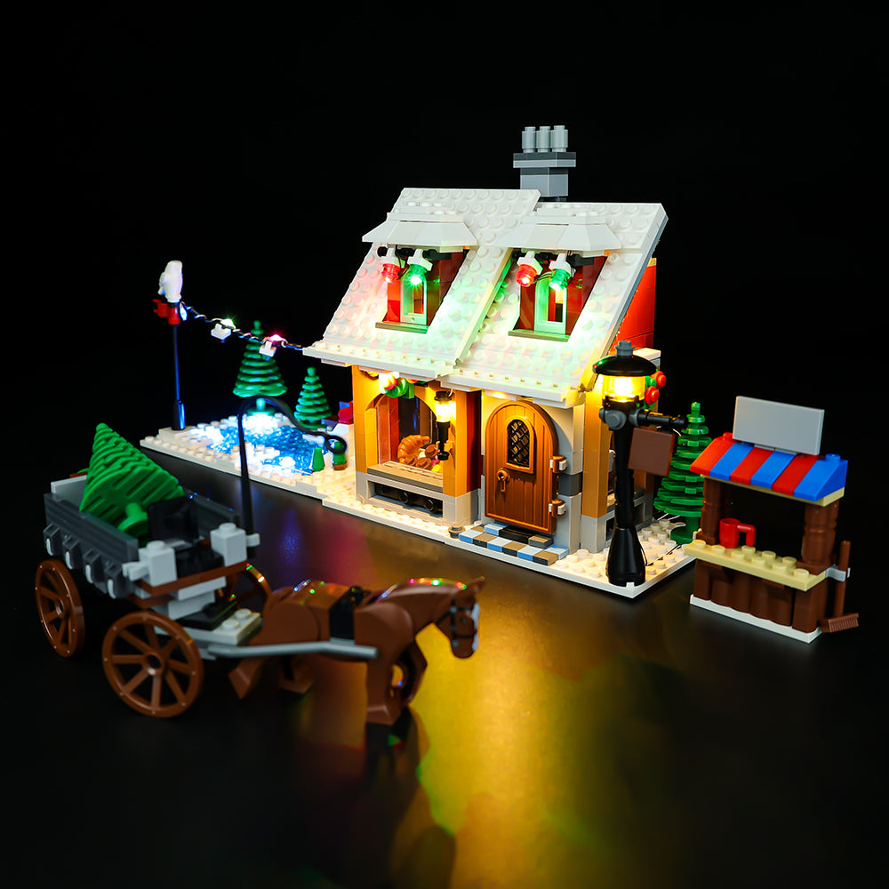 Light Kit for LEGO® Winter Village Bakery 10216 - angled view of the illuminated bakery and cart